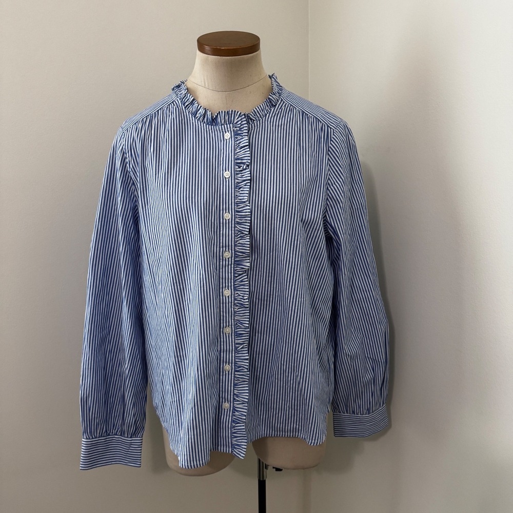 NEW J Crew Large Blue White Stripe Ruffle Placket Button Up Top Preppy Nautical